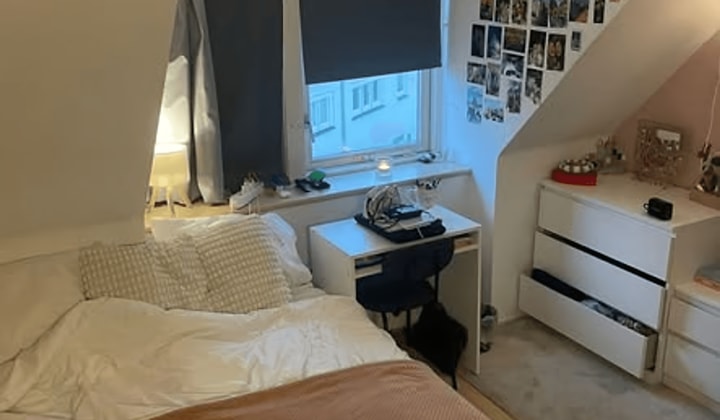 Kamer in studentenhuis met ingebouwde kast en gedeelde voorzieningen